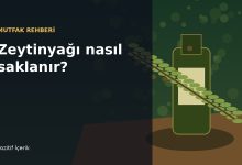 Koyu yeşil zeytinyağı şişesi, zeytin dalı ve zeytinlerle hazırlanmış yatay saklama rehberi görseli