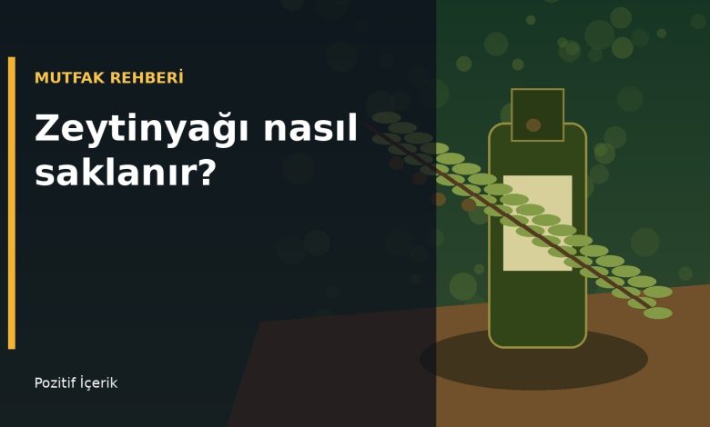 Koyu yeşil zeytinyağı şişesi, zeytin dalı ve zeytinlerle hazırlanmış yatay saklama rehberi görseli